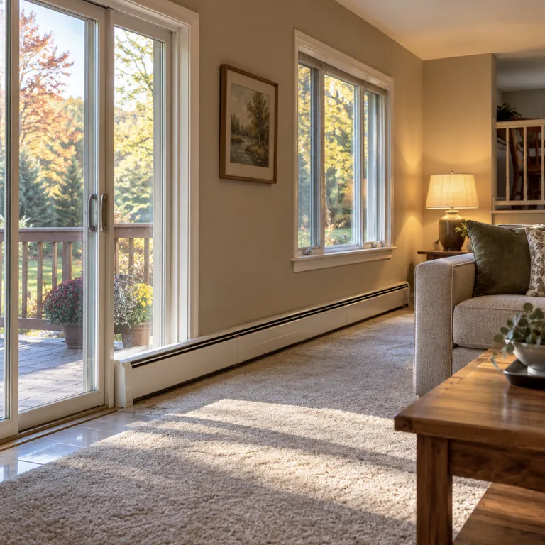 Hot-water baseboard heater along the wall of a Horsham family room