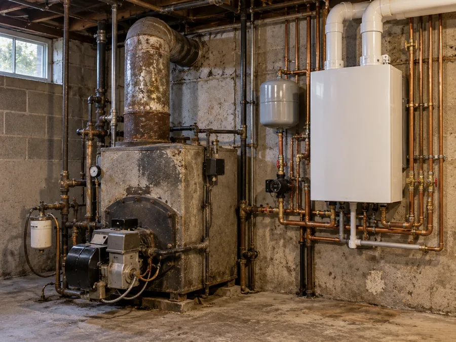 Old oil boiler next to a new compact high-efficiency boiler