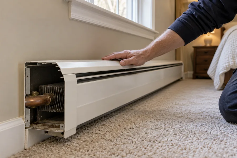 Cold finned baseboard heater being checked in a bedroom